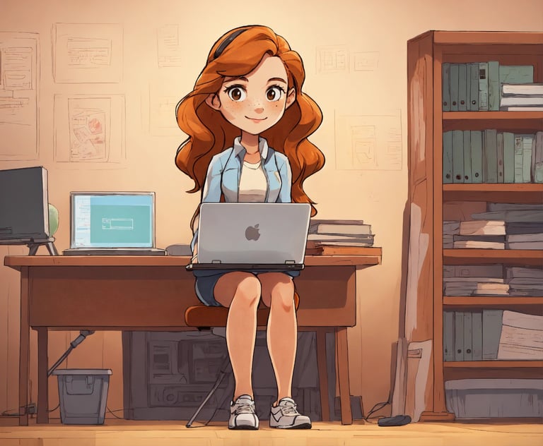a cartoonish girl sitting at a desk with a laptop