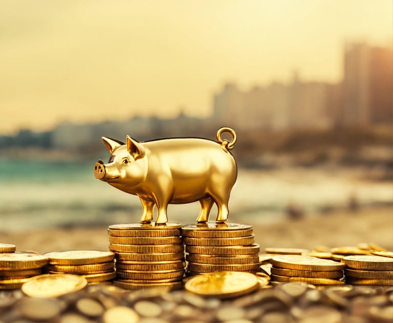 a golden piggy on top of golden coins at the beach