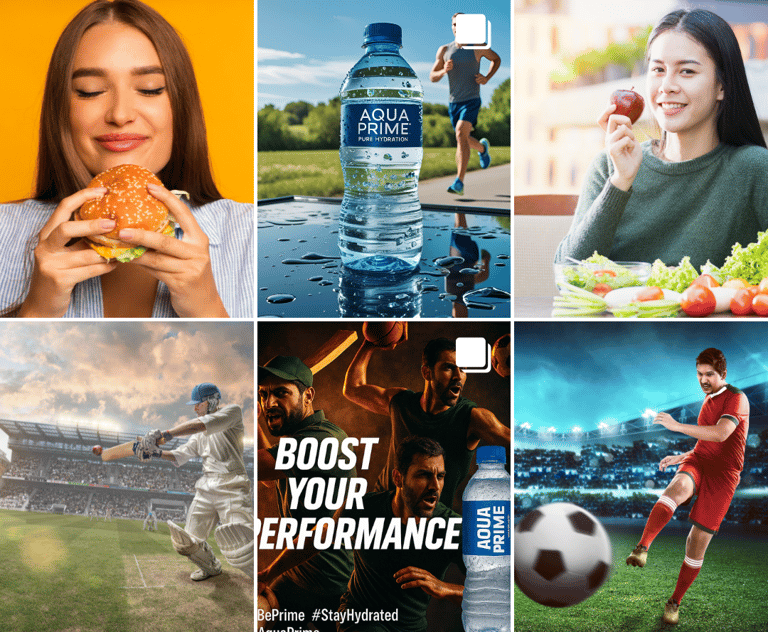 multiple picture of a brand aqua prime with sports and foods related pictures