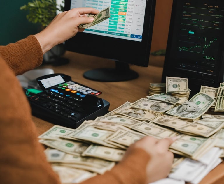 a woman sitting at a desk with money