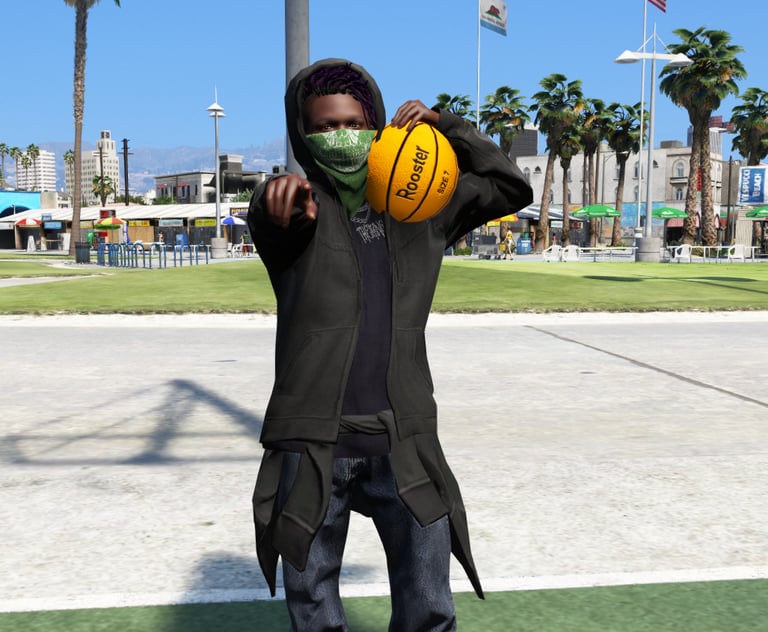 Small GTA5 ped character holding a basketball