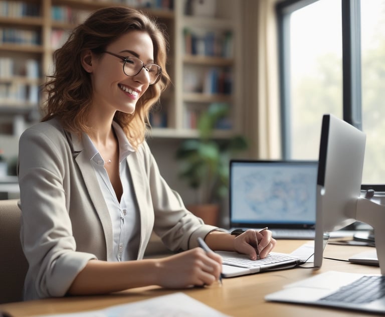 A clean workspace with a laptop and a notepad on a blue background.