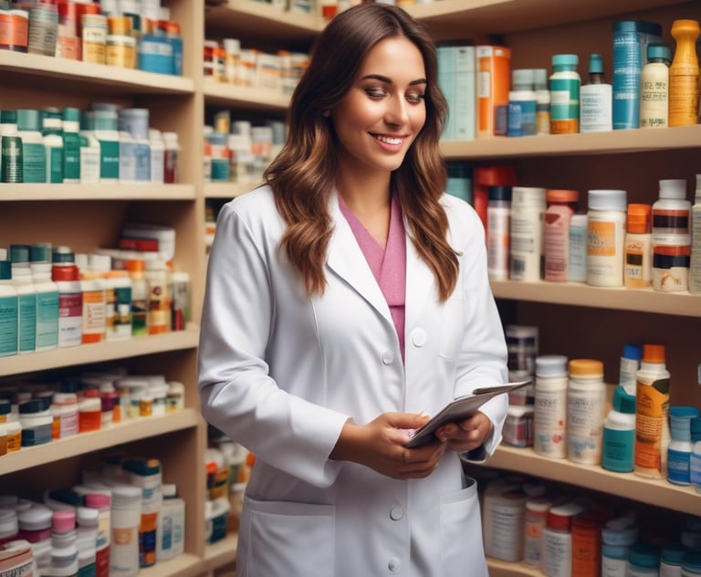 A pharmacy is seen through a glass storefront at night, brightly lit from inside. The doors and windows are transparent, revealing shelves stocked with various products. Signs are displayed on the glass, and there's a Coca-Cola vending machine visible. The interior lights highlight the organized arrangement of goods on the shelves.