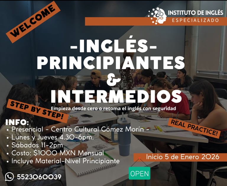 Promotional flyer for beginner and intermediate English classes starting January 2026 in Querétaro.