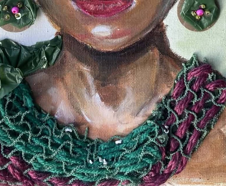 Mixed media portrait of a woman adorned with jewelry made of fishing net and textured cardboard with