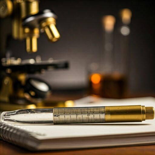 caneta em formato de pipeta encima do caderno de anotações e um microscópio ao fundo