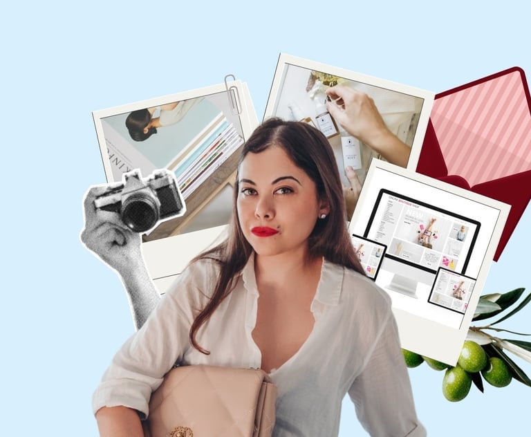 A creative female entrepreneur collage featuring branding photography, a digital website mockup, and a camera.
