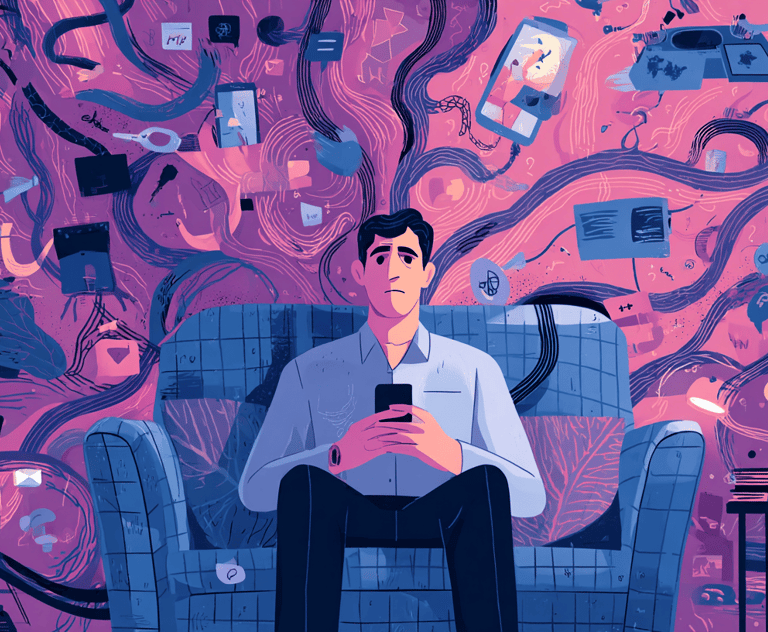 a man sitting on a couch with a cell phone