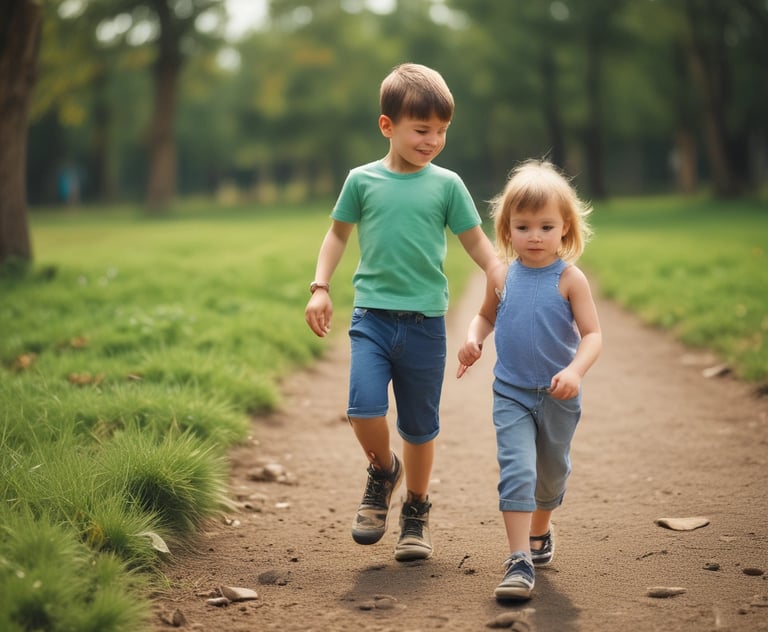two children walking down a path in a park