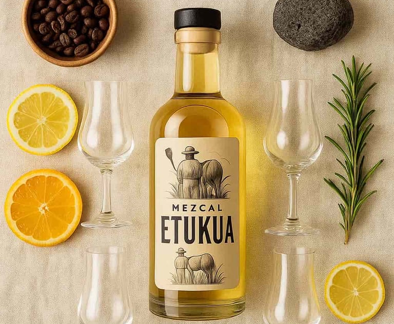 Mesa con elementos sensoriales para una cata: botellas Etukua, copas, ramas de romero, frutas cítric