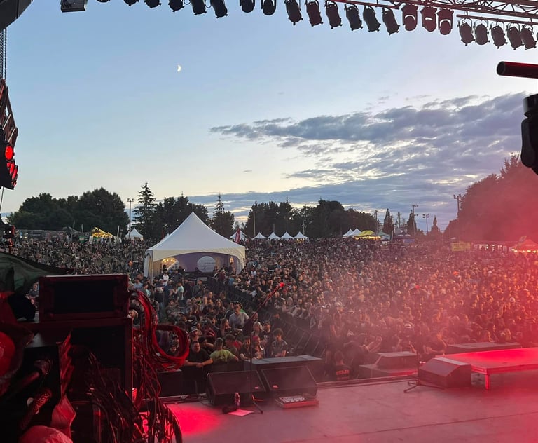 Crowd of fans at an outdoor music festival concert during a sunset with stage lighting.