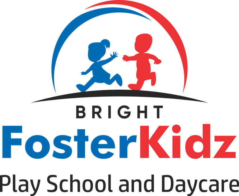 Bright FosterKidz logo featuring silhouettes of children running under a blue and red arch for play school and daycare.