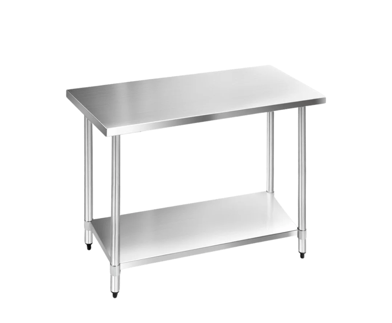 A prosumer range stainless steel table with a solid lower shelf and adjustable bullet feet on a white background.