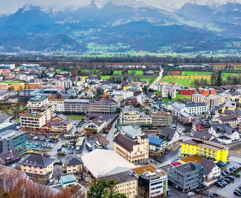 Colorful aerial panorama of Vaduz, Liechtenstein, showcasing modern city buildings, green Rhine Vall