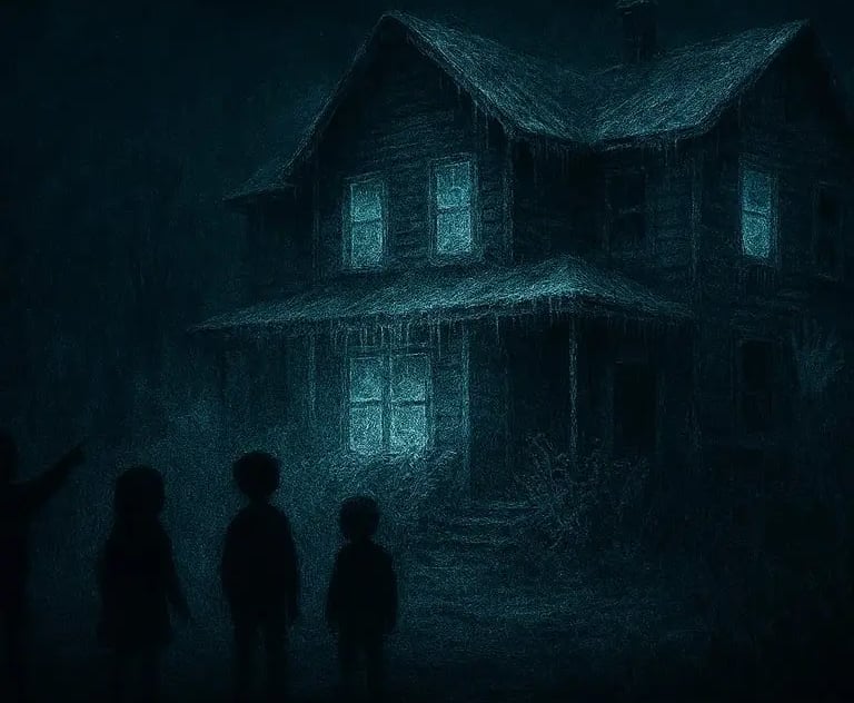 Wide horror illustration of an abandoned frost‑covered house glowing with eerie blue light from its windows