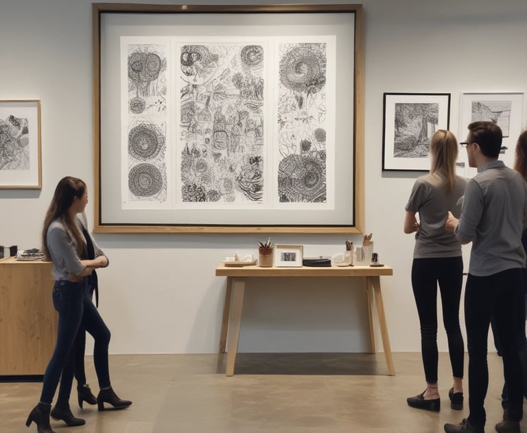 A person is sitting at a desk and looking at a computer screen displaying a red architectural design. Next to it, a laptop shows a mind map. The setting appears to be an office or workspace with a focus on creative tasks.