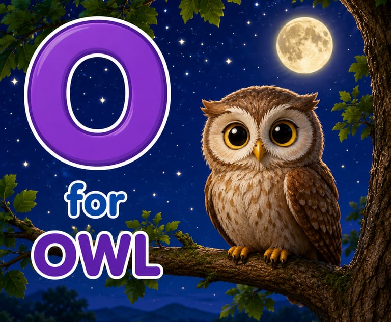 Educational alphabet card featuring a cute owl on a tree branch at night with a full moon for the letter O.