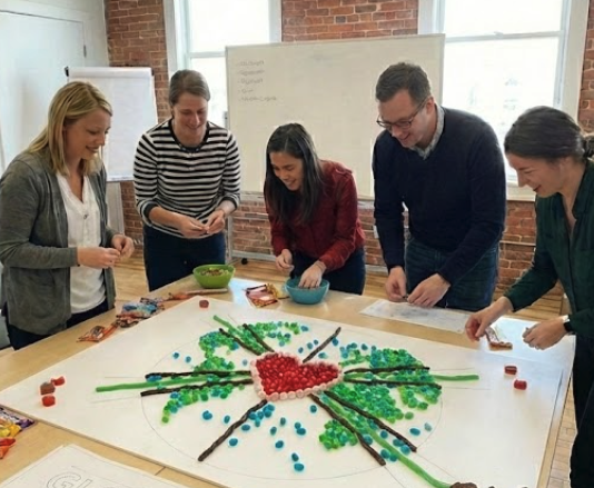 a group of people standing around a table with a large model of their mission statement using candy