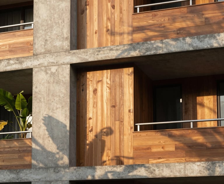 Vertical architectural shot of a brutalist concrete facade integrated with warm wood paneling, tropical vegetation casting soft shadows, afternoon sun, 35mm lens.
