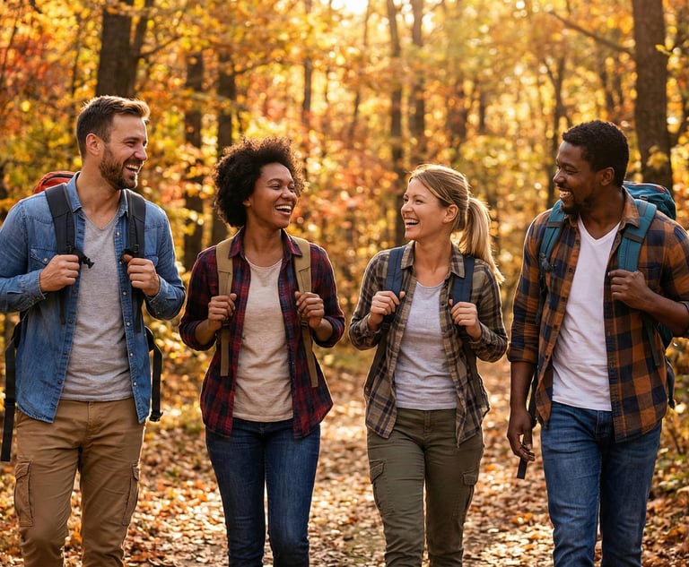 InnerLoom Life Coaching: Two couples in cozy knits laugh on a golden, leaf-strewn forest path. Fall sunlight.