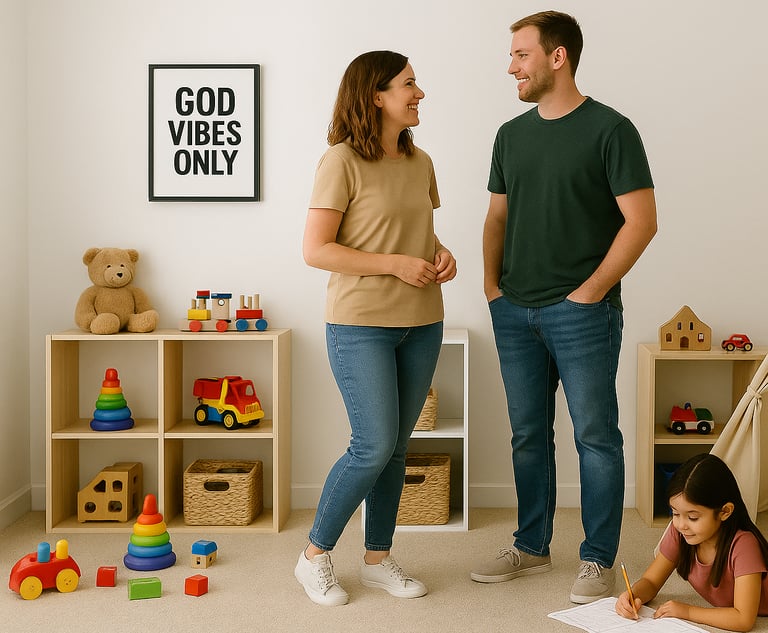 a man and woman standing in a room