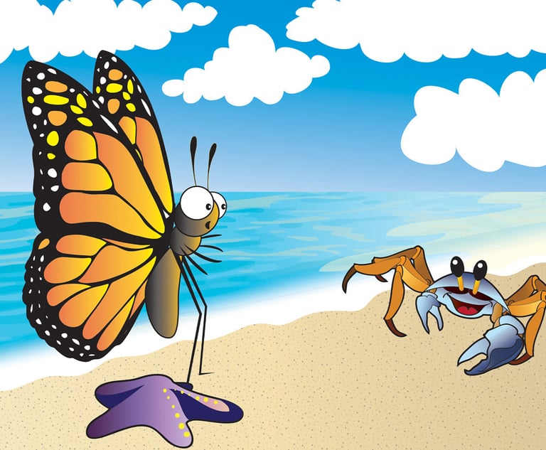“Colorful beach scene with a butterfly on a sea star and one animated crab - playful children’s illustration.”
