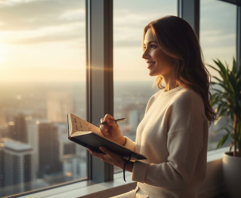 InnerLoom Life Coaching: woman writing in notebook overlooking city skyline during mindful moment
