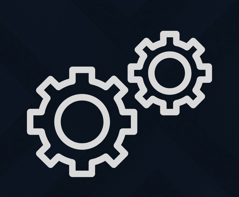 Minimal icon with two interlocking gears, symbolizing digital infrastructure and system integration.