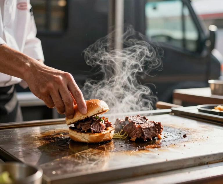 Side profile of a chef searing premium wagyu beef sliders on a flat top grill inside a modern food truck, steam rising, dramatic natural light, shallow depth of field.
