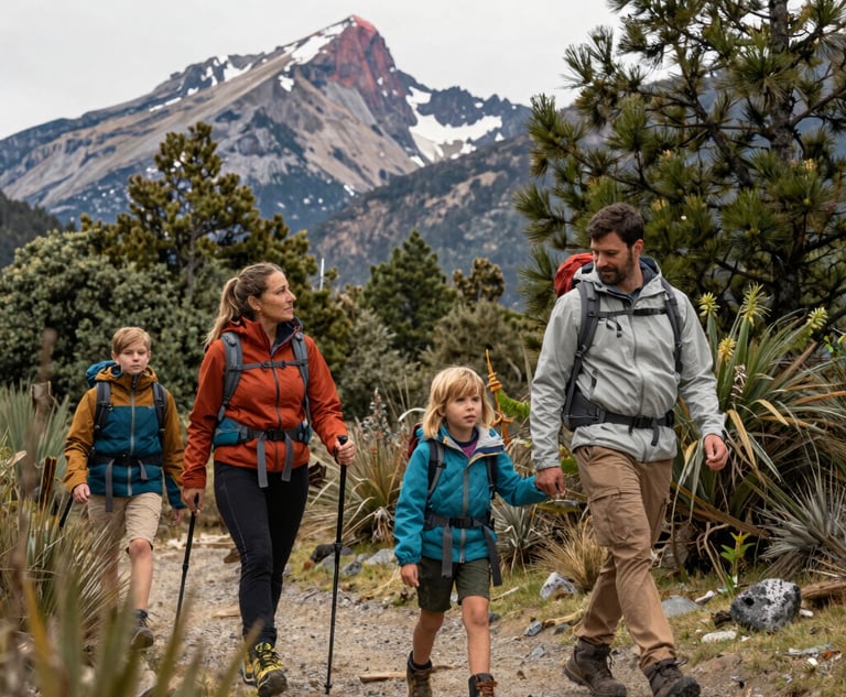 Family hiking together on a lush forest trail in the Valle de Patagual during autumn.