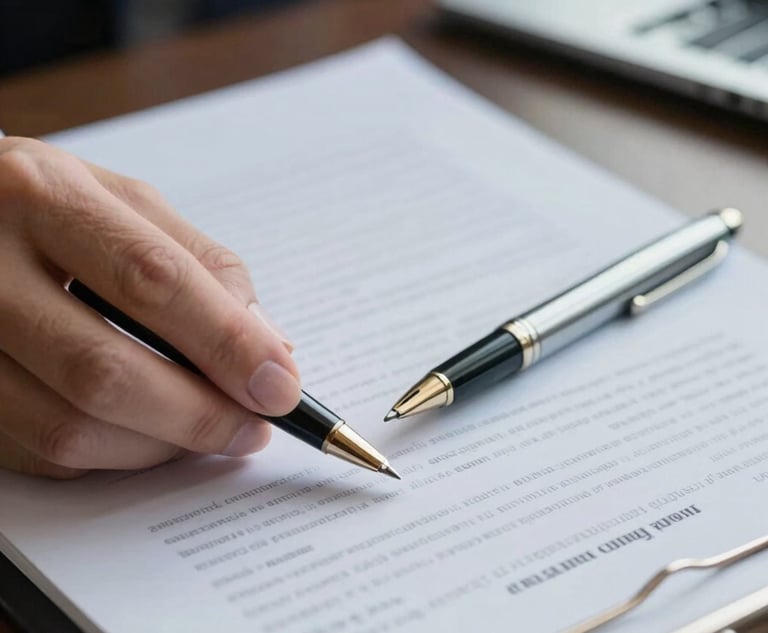 A close-up of professional business documents and a high-end pen on a desk, representing meticulous administrative care. South American / Brazilian corporate setting, professional and trustworthy atmosphere with light gray and steel blue tones.