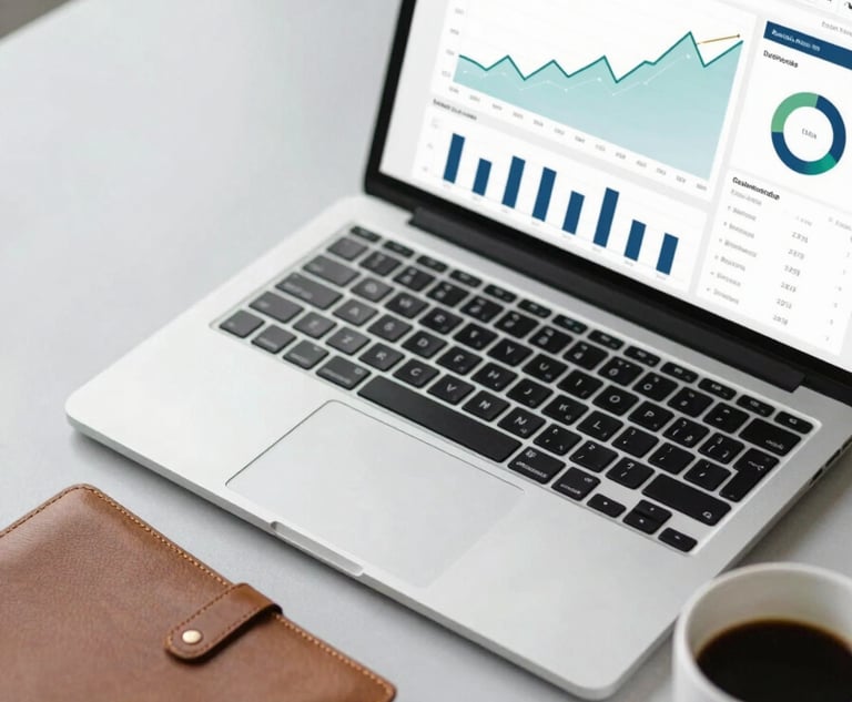 A top-down, clean workspace view featuring a laptop showing a professional financial dashboard with green and blue growth charts. Beside the laptop is a leather-bound notebook and a cup of coffee on a light grey desk. The lighting is soft and natural, emphasizing a calm and organized environment. The color palette incorporates shades of #1E3A5F and #4A729A.