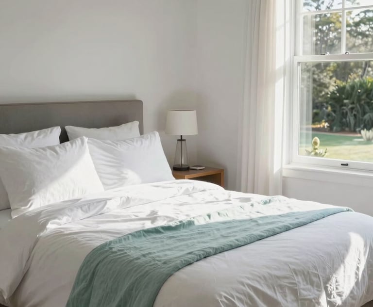 A beautifully staged Australian holiday home bedroom with crisp white linens and a light teal throw, sun streaming through the window, pristine and fresh atmosphere.
