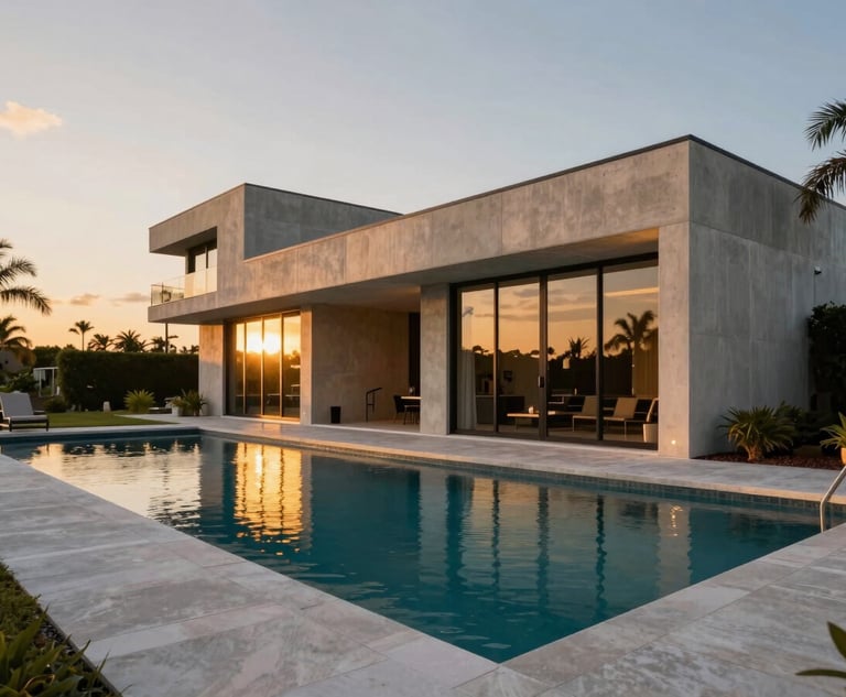 Wide-angle architectural photography of a modern waterfront estate in Cape Coral at twilight, golden hour reflection on pool, clean concrete lines, 35mm lens.