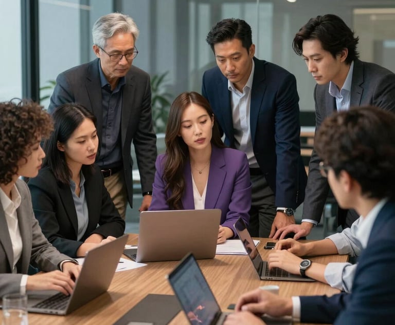 A professional group of diverse colleagues collaborating in a glass-walled North American / US boardroom. They are focused on a digital presentation, radiating trustworthiness and modern professionalism. The lighting is crisp, and the environment features dark charcoal navy and dusty periwinkle color tones.