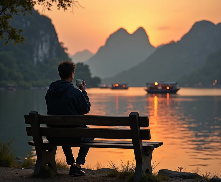 a man sitting on a bench with a cup of coffee near Dalyan channel at sunset