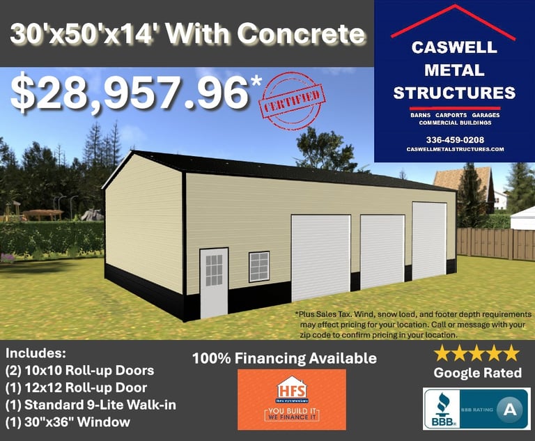 Custom 30x50 metal garage building with roll-up doors, walk-in door, and window for storage or commercial use.