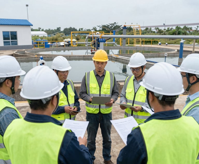 A construction site with workers actively engaged in building a structure. The site consists of metal frameworks and unfinished concrete slabs laid out in a grid-like pattern. Several construction materials, including metal beams and rebar, are scattered across the site. The background features a brick building with multiple arches and open windows.