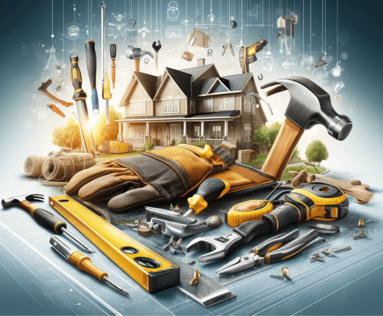 A collection of home maintenance tools surrounding a modern house, symbolizing professional property