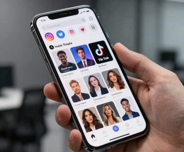 A close-up shot of a person's hand holding a modern smartphone. The screen displays vibrant social media feeds from Instagram and TikTok. The background is a blurred, sleek office interior with charcoal grey accents.