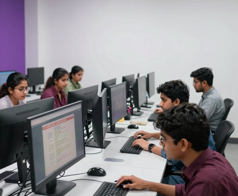 Wide shot photography of a modern, bright computer lab at Lahore College for Women University. South Asian / Pakistani students are collaborating on digital projects. The room features clean white walls and vibrant purple accents.