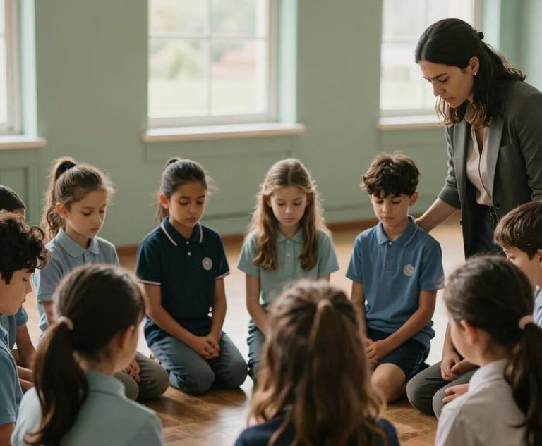 An emotional photo of a group of school children and a teacher in a prayer circle, soft natural lighting through high windows, muted sage green walls in the background, focusing on the calm and communal atmosphere.