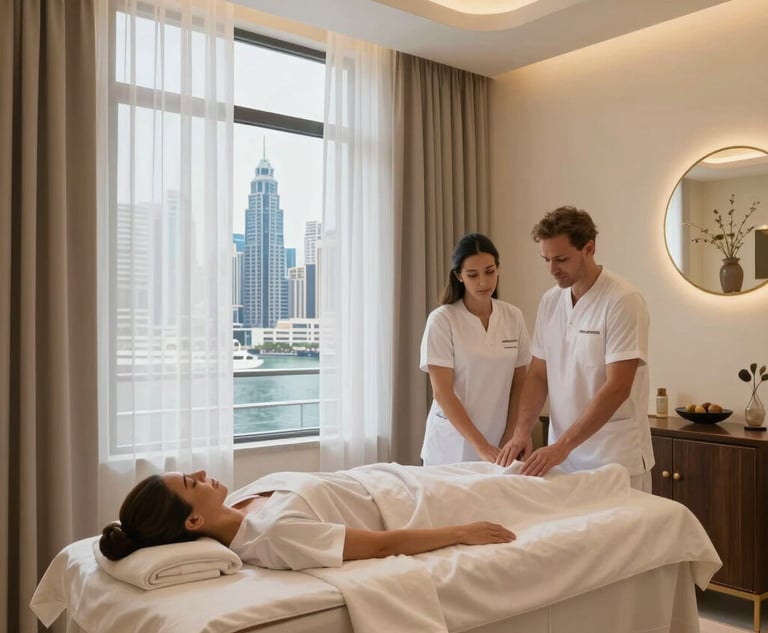 Elegant spa interior with plush seating and soft lighting overlooking downtown Dubai skyline near Burj Khalifa.