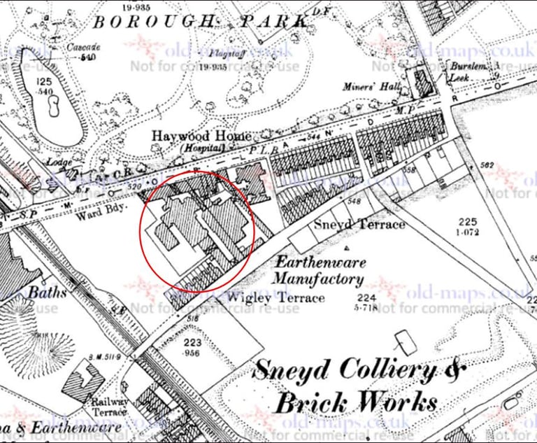Vintage map showing Borough Park, Sneyd Colliery, and Brick Works with a red circle highlighting Haywood Home.
