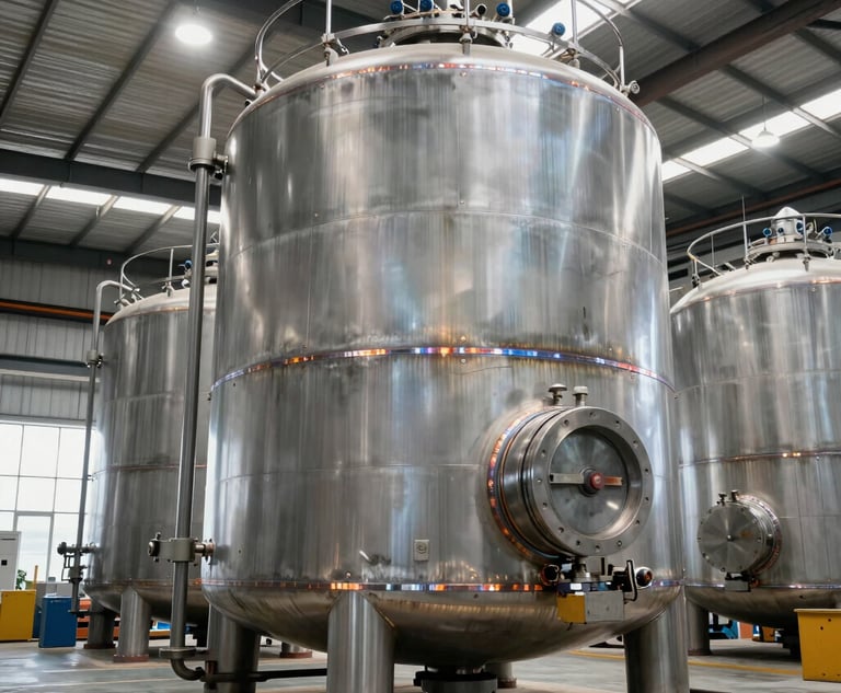 A large, high-precision industrial steel storage tank inside a modern factory in Mexico, clean workshop environment, bright industrial lighting highlighting the metallic textures and professional welds.