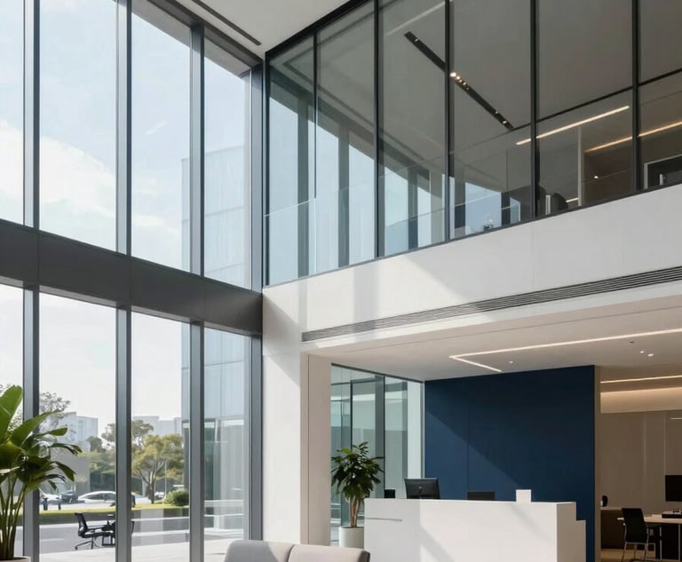 A sleek, modern Global / International corporate office lobby with glass walls and minimalist furniture. Soft Sky Blue and Deep Navy accents in the decor. High-end architectural photography under bright, natural light.