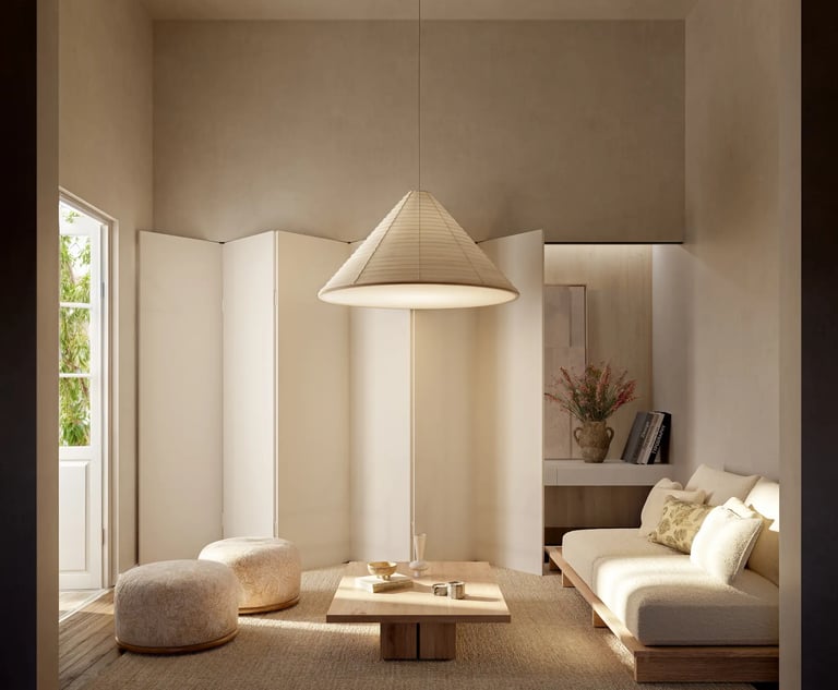 Espacio zen y armonioso con diseño de interiores que transmite calma y serenidad. 