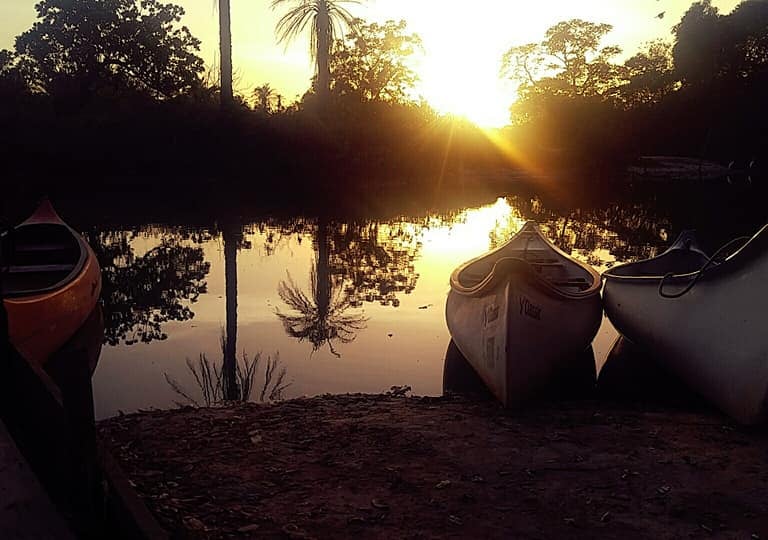 A tranquil image of Marakissa River Camp, nestled along the banks of a calm river surrounded by lush