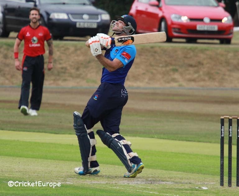 Marc Ellison edges pull shot high into the sky vs Waringstown Challenge Cup FInal 2018