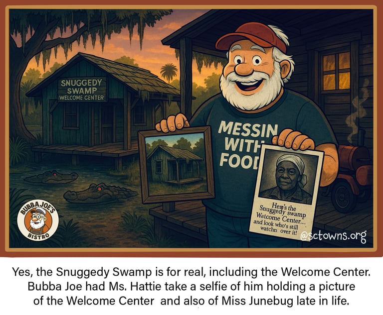 Bubba Joe stands outside the Snuggedy Swamp Welcome Center with real pictures.